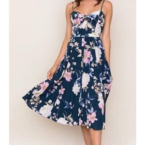Yumi Kim navy blue, pink and white floral Tie Front Midi Sundress